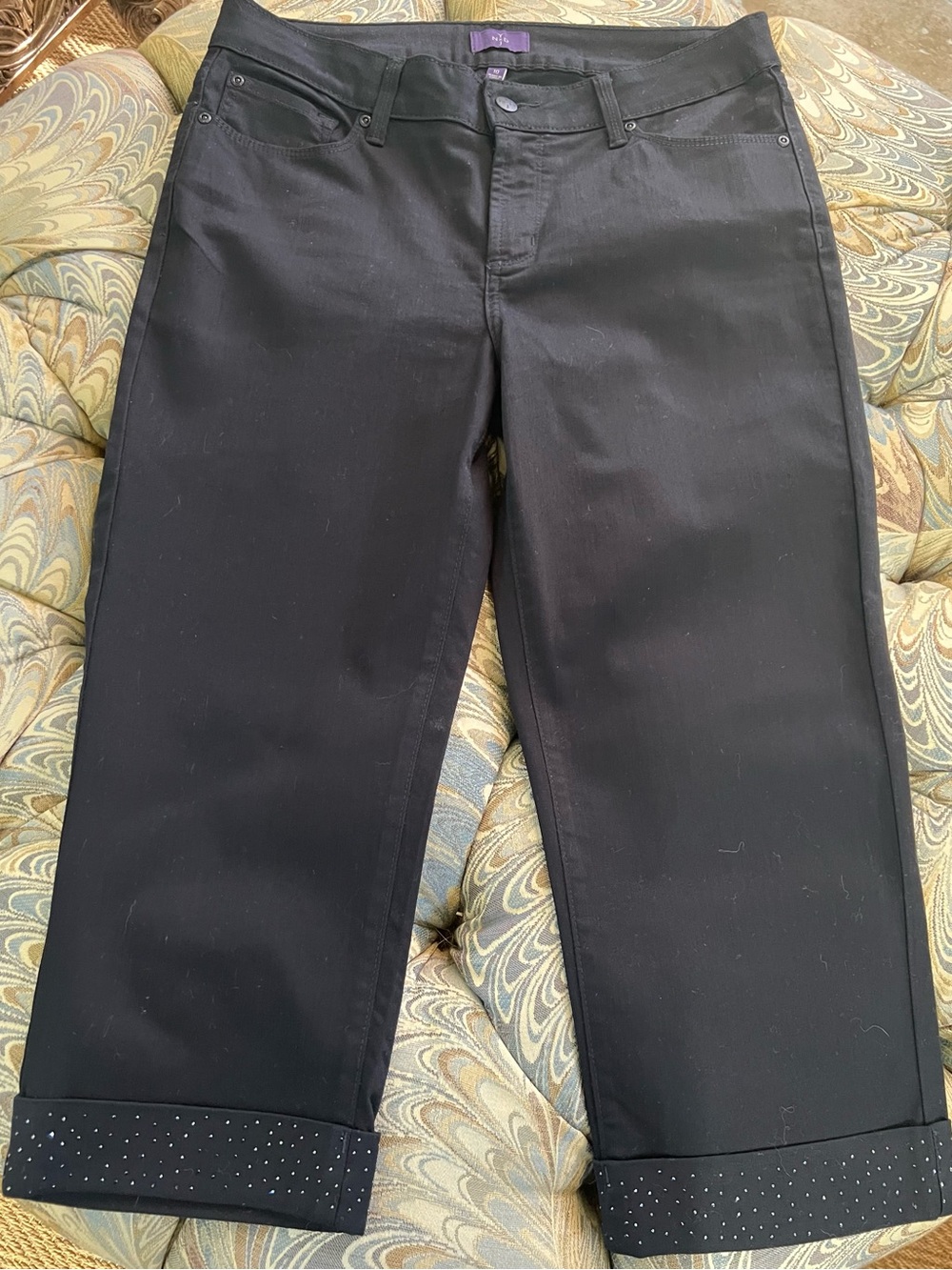 NYDJ Black Women's Cropped Black Pants with Rhinestone Cuffs Size 10